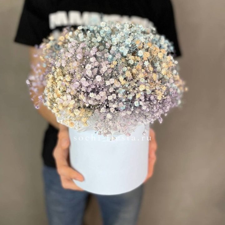 9 Радужных гипсофил в шляпной коробке в Ульяновске